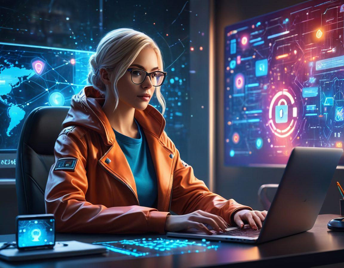 A digital art composition showcasing a confident adult content creator sitting at a sleek modern desk, working on a laptop with a spirited online environment. Surround them with protective elements like a virtual shield, glowing padlock icons, and whimsical cybersecurity symbols. The background features a mix of vibrant colors, hinting at technology and creativity, while maintaining a focus on safety and security. Illustrate a balance between adult artistry and cybersecurity themes. vibrant colors. digital art. futuristic style.