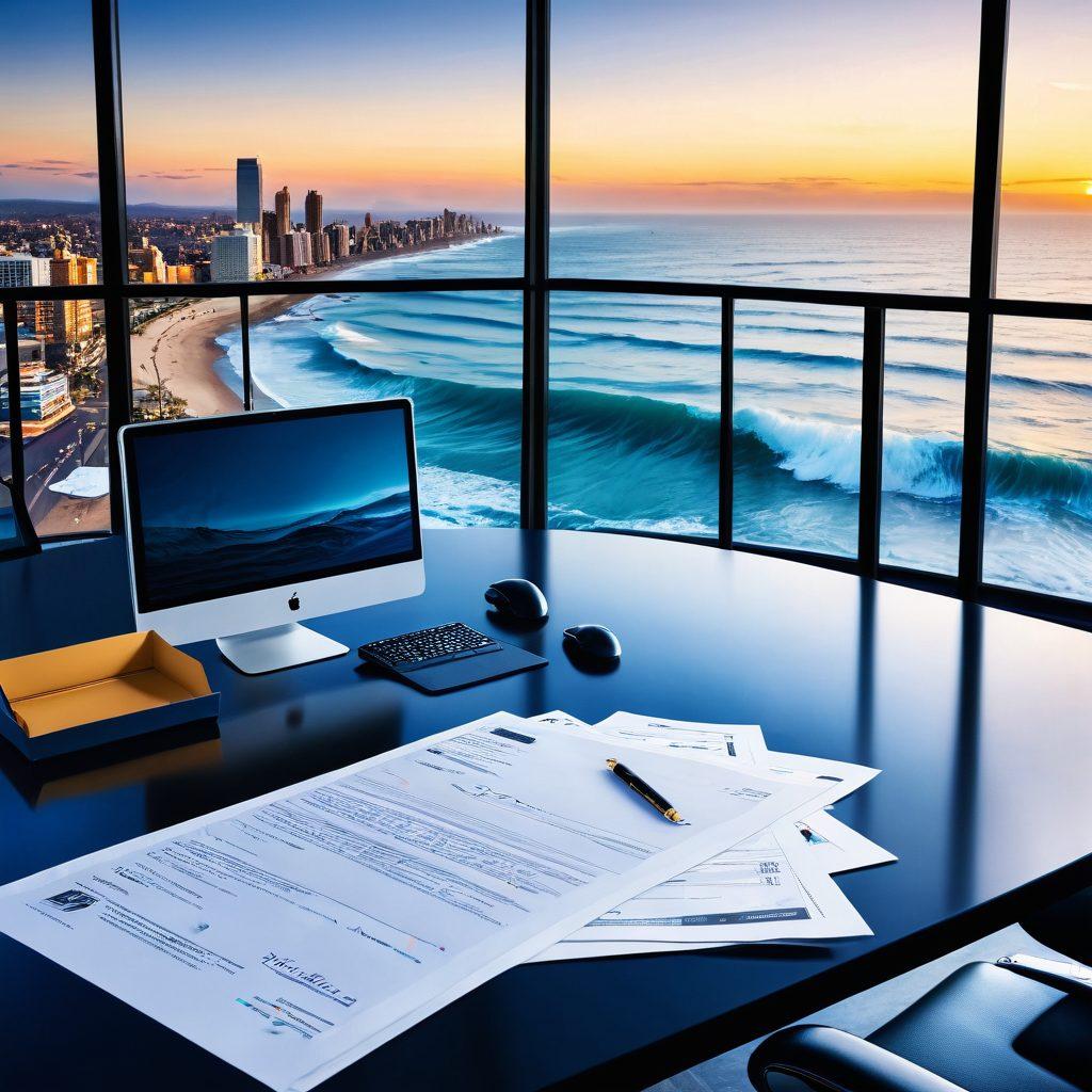 A sleek, modern office desk with legal documents, insurance policies, and compliance checklists scattered around. In the background, blurred images of adult entertainment landmarks symbolize the industry. An ocean wave motif subtly overlays the scene, reflecting the theme of navigating. The color scheme combines deep blues and golds to represent professionalism and allure. 3D, vibrant colors.