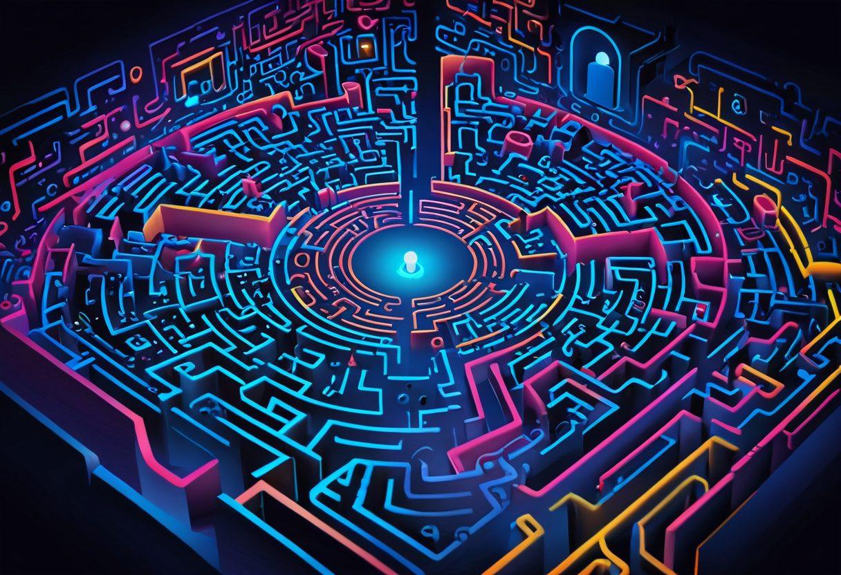 A labyrinthine maze symbolizing the complexity of adult content, intertwined with digital locks representing cybersecurity solutions, and insurance policies scattered throughout; a guiding path illuminated with bright neon colors leading toward a secure vault, portraying safety and assurance. vector art. vibrant colors. dark background.